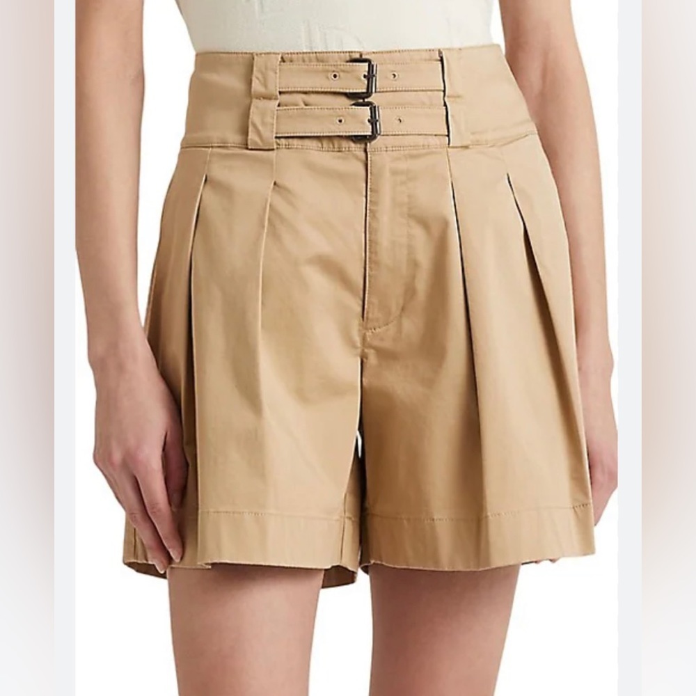 Lauren Ralph Lauren Plated Satin High Waist Shorts Tan Stretch Size 6